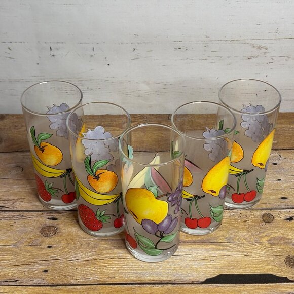 Set of 5 Vintage French Fruit Tumblers – Frosted Mid-Century Drinking Glasses - Picture 2 of 7